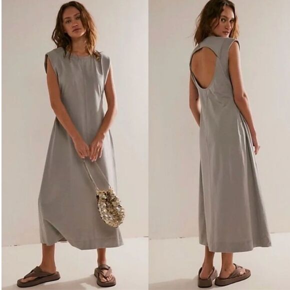 FREE PEOPLE FP BEACH Simone Maxi Exposed Back Dress Size Small NWT Gray - Picture 1 of 5